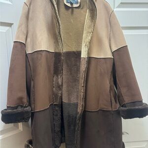 2X brown coat Color block Tan Brown Teddy Jacket suede shearling warm jacket
